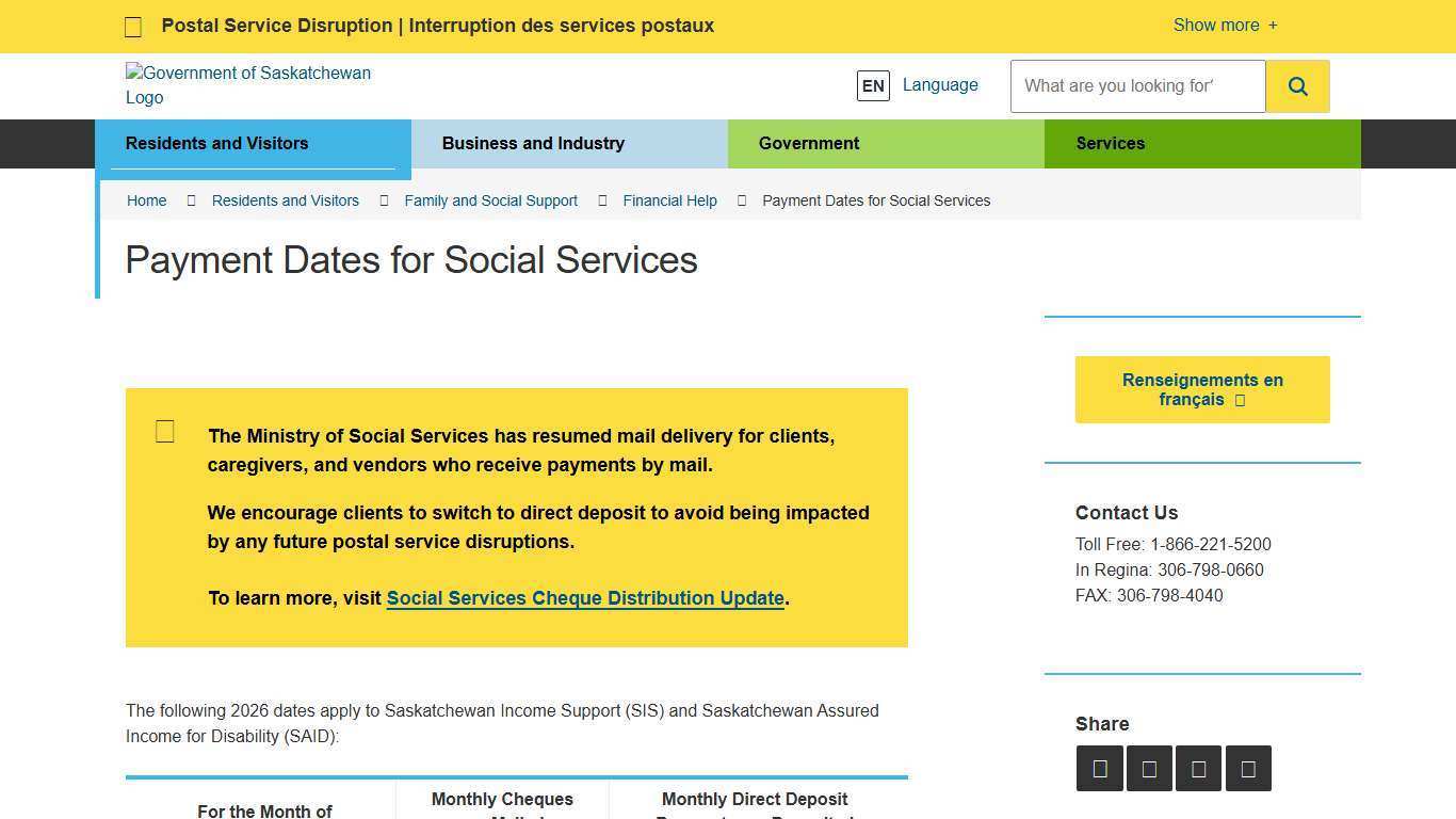 Payment Dates for Social Services | Financial Help | Government of Saskatchewan